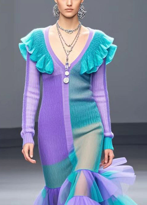 Organic Gradient Color Ruffled Patchwork Knitted Wraped Dress Winter