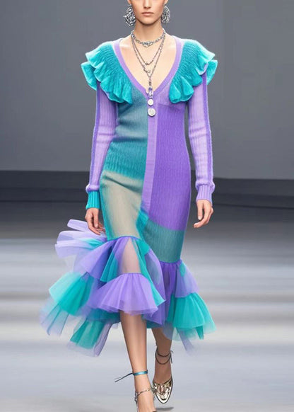 Organic Gradient Color Ruffled Patchwork Knitted Wraped Dress Winter