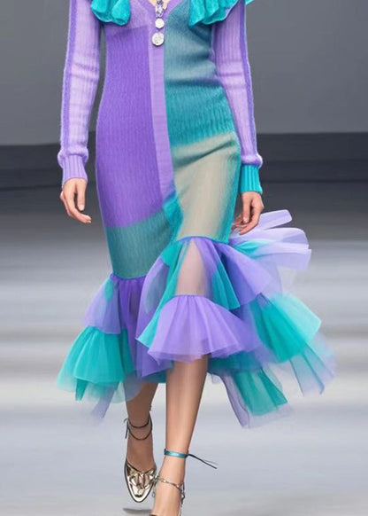 Organic Gradient Color Ruffled Patchwork Knitted Wraped Dress Winter