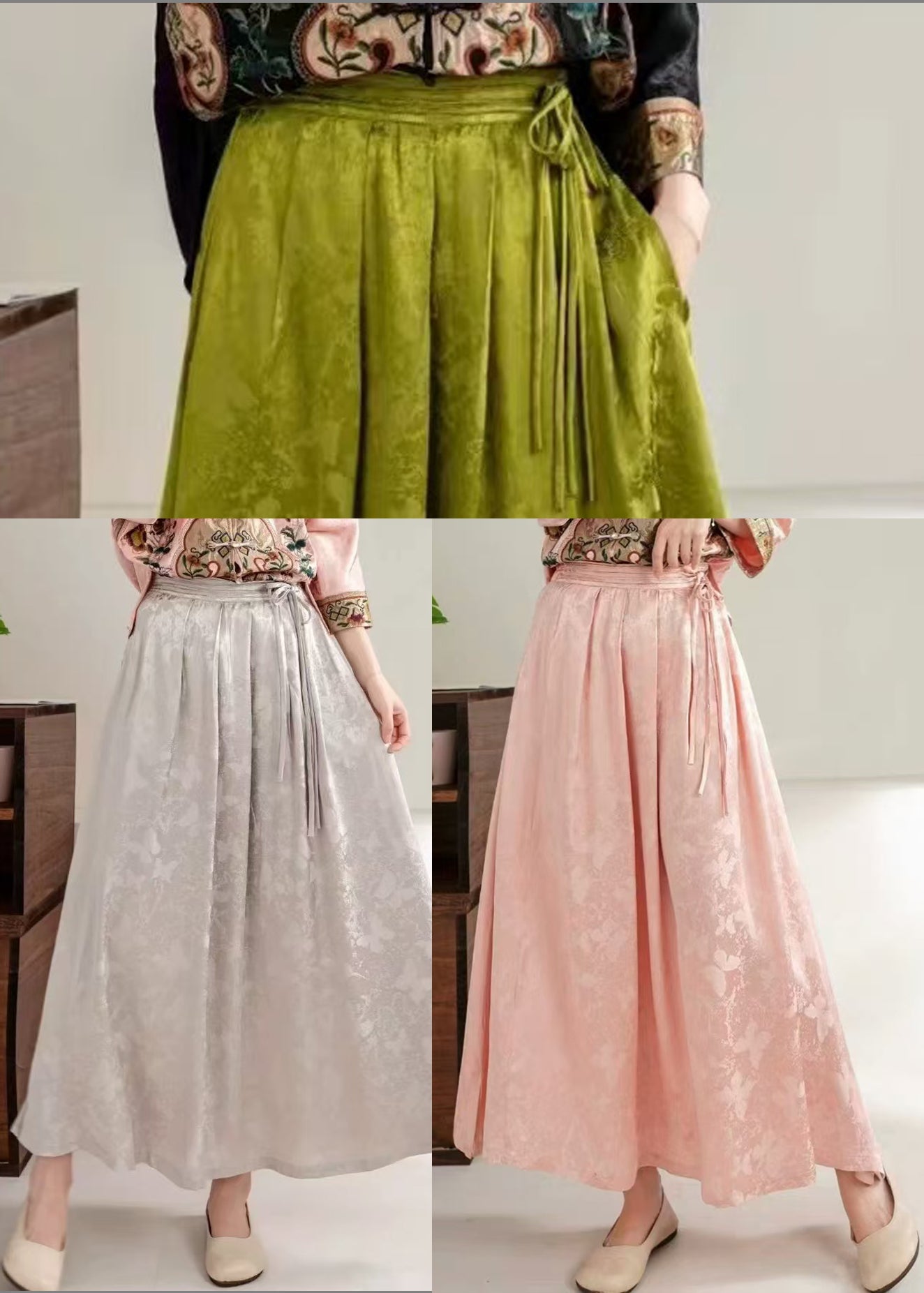 Organic Grass Green Jacquard Silk Holiday Skirts Spring