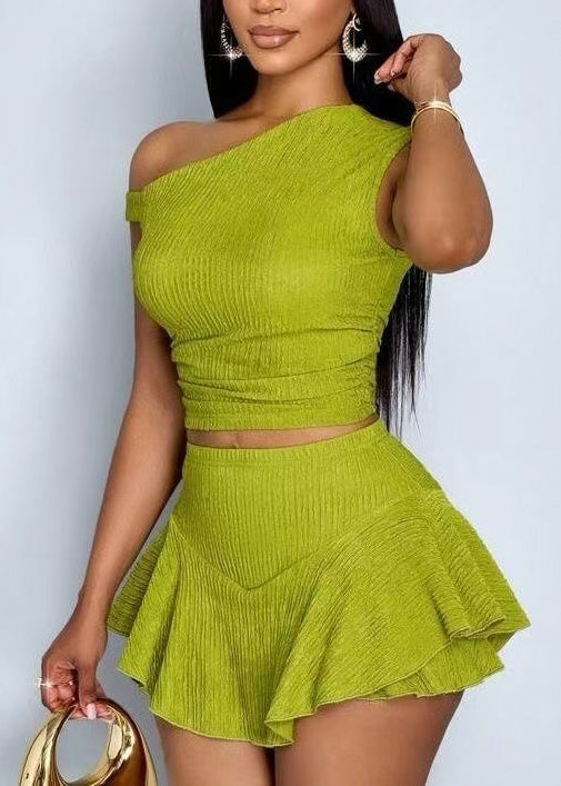 Organic Grass Green One Shoulder Cotton Two Pieces Set Summer
