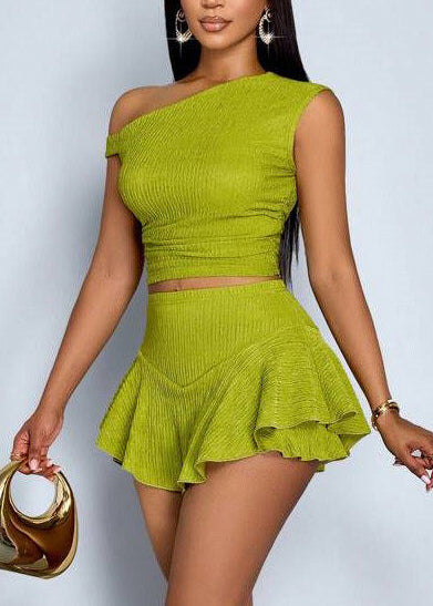 Organic Grass Green One Shoulder Cotton Two Pieces Set Summer