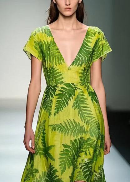 Organic Grass Green V Neck Leaf Print Cotton Tea Dress Summer