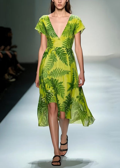 Organic Grass Green V Neck Leaf Print Cotton Tea Dress Summer
