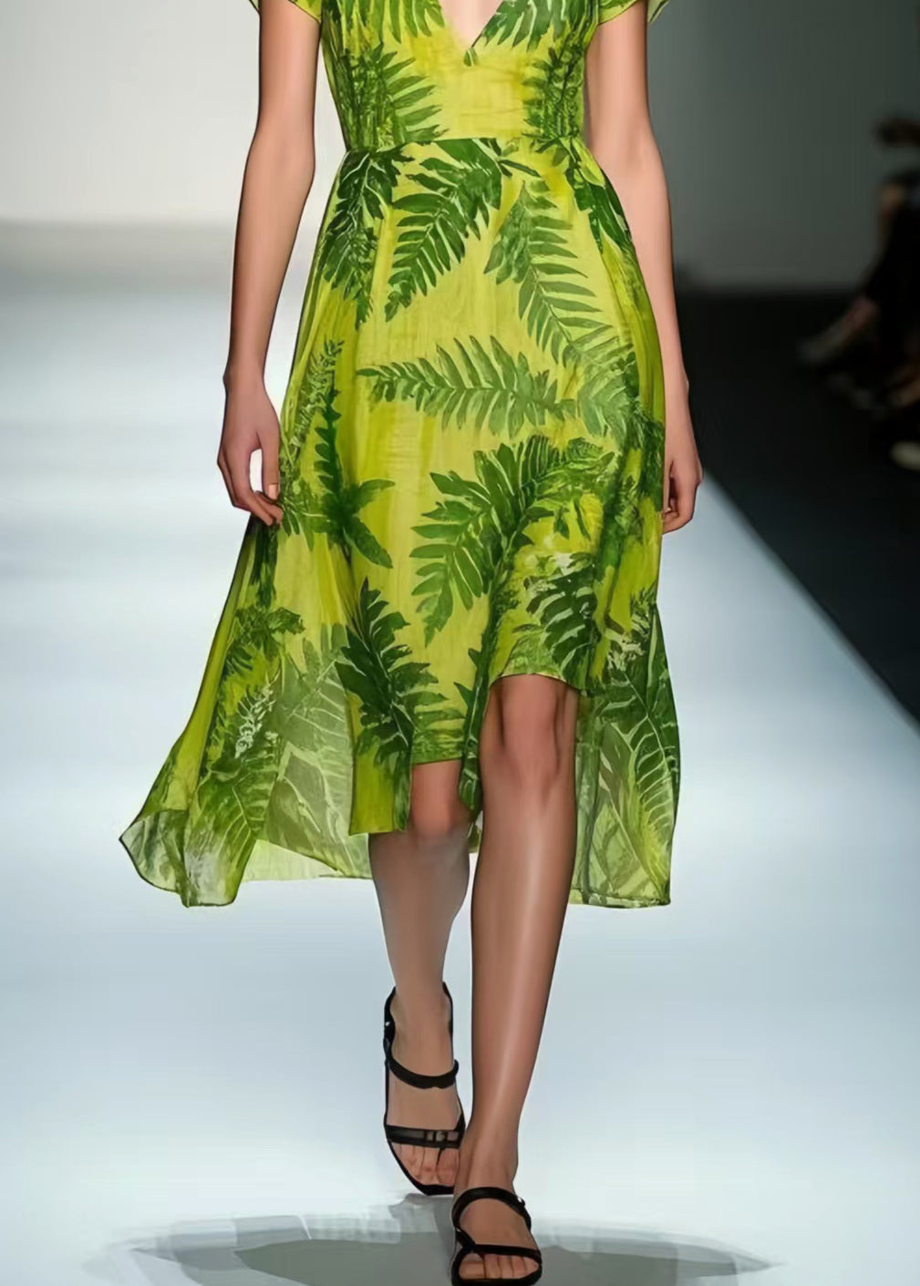 Organic Grass Green V Neck Leaf Print Cotton Tea Dress Summer