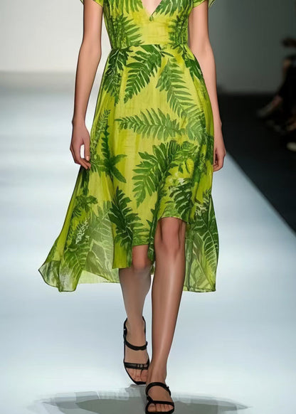 Organic Grass Green V Neck Leaf Print Cotton Tea Dress Summer