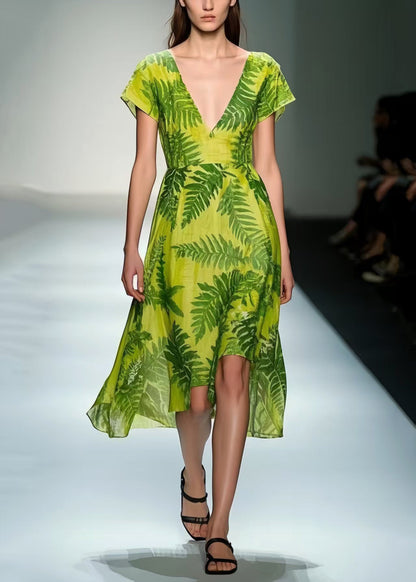 Organic Grass Green V Neck Leaf Print Cotton Tea Dress Summer