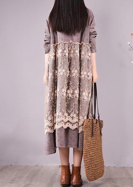 Organic Gray Print Wardrobes Patchwork Lace Long Spring Dresses - SooLinen