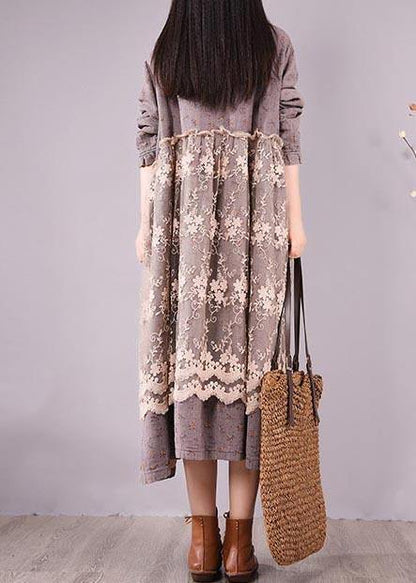 Organic Gray Print Wardrobes Patchwork Lace Long Spring Dresses - SooLinen