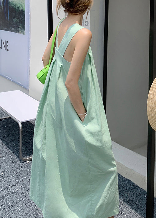 Organic Green Backless Pockets Cotton Long Dresses Summer