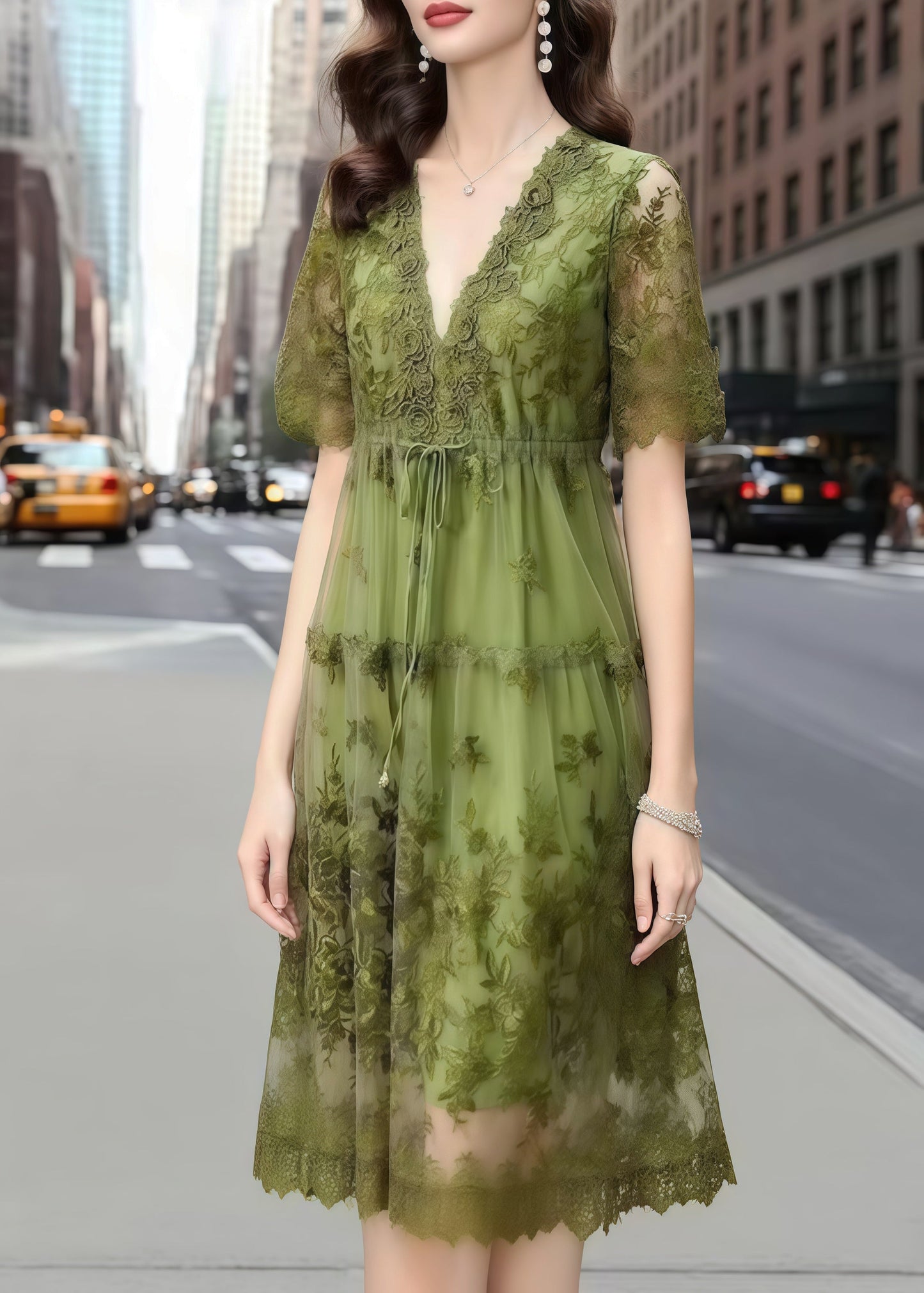 Organic Green Cinched Embroidered Tulle Long Dress Summer