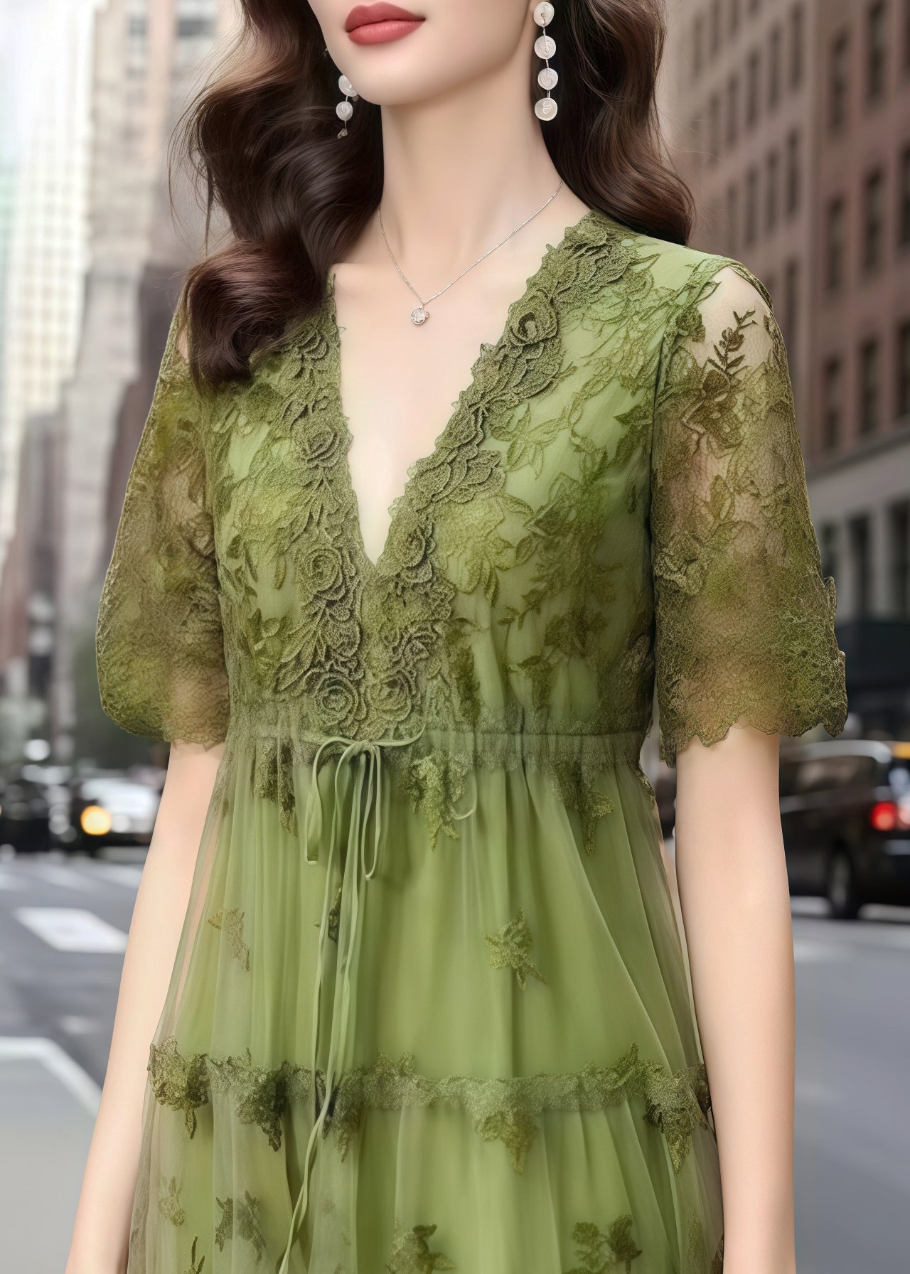 Organic Green Cinched Embroidered Tulle Long Dress Summer