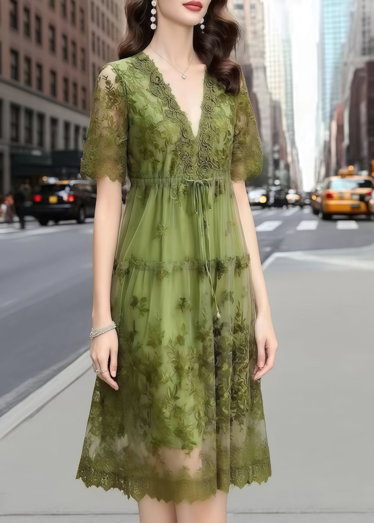 Organic Green Cinched Embroidered Tulle Long Dress Summer