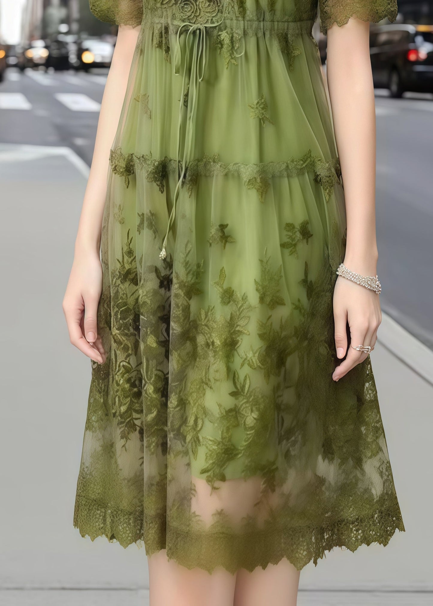 Organic Green Cinched Embroidered Tulle Long Dress Summer
