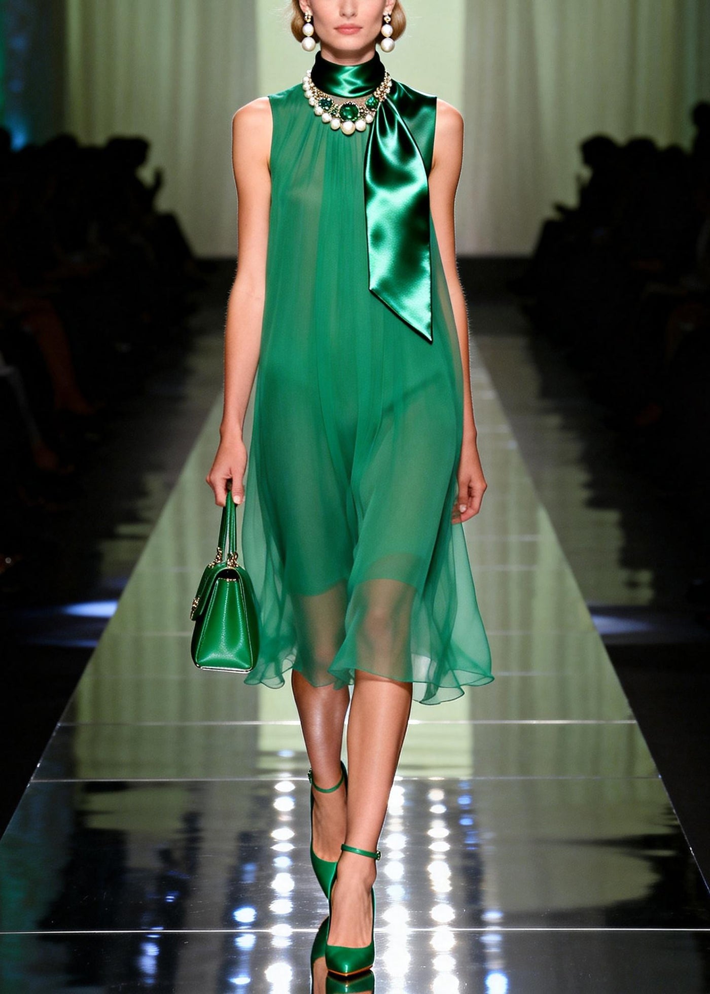 Organic Green Draping Chiffon Vacation Dress Summer