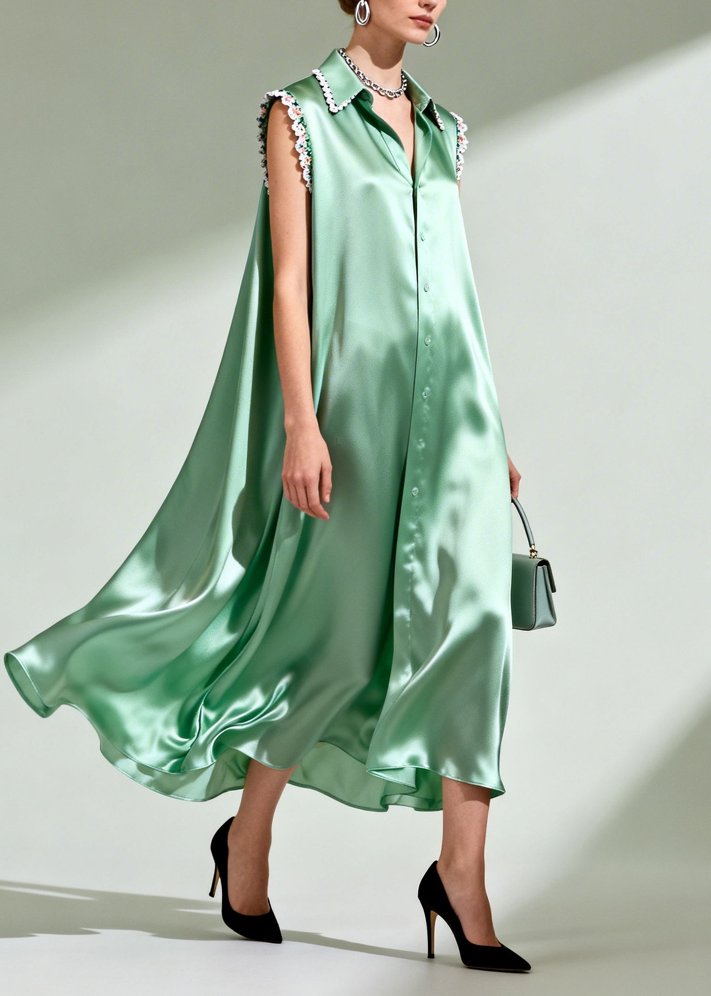 Organic Green Oversized Patchwork Lace Silk Shirt Dresses Summer