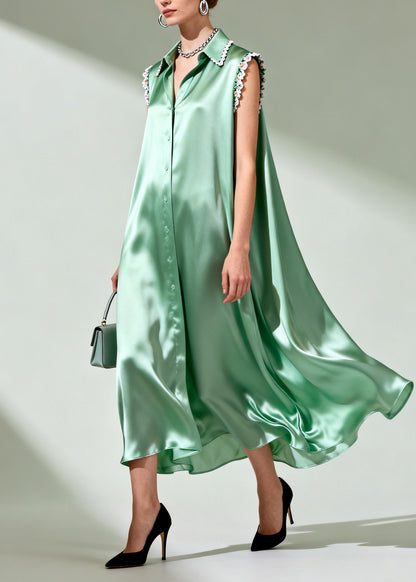 Organic Green Oversized Patchwork Lace Silk Shirt Dresses Summer