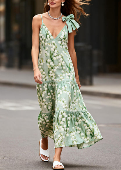 Organic Green Print Bow Cotton Cami Dress Summer