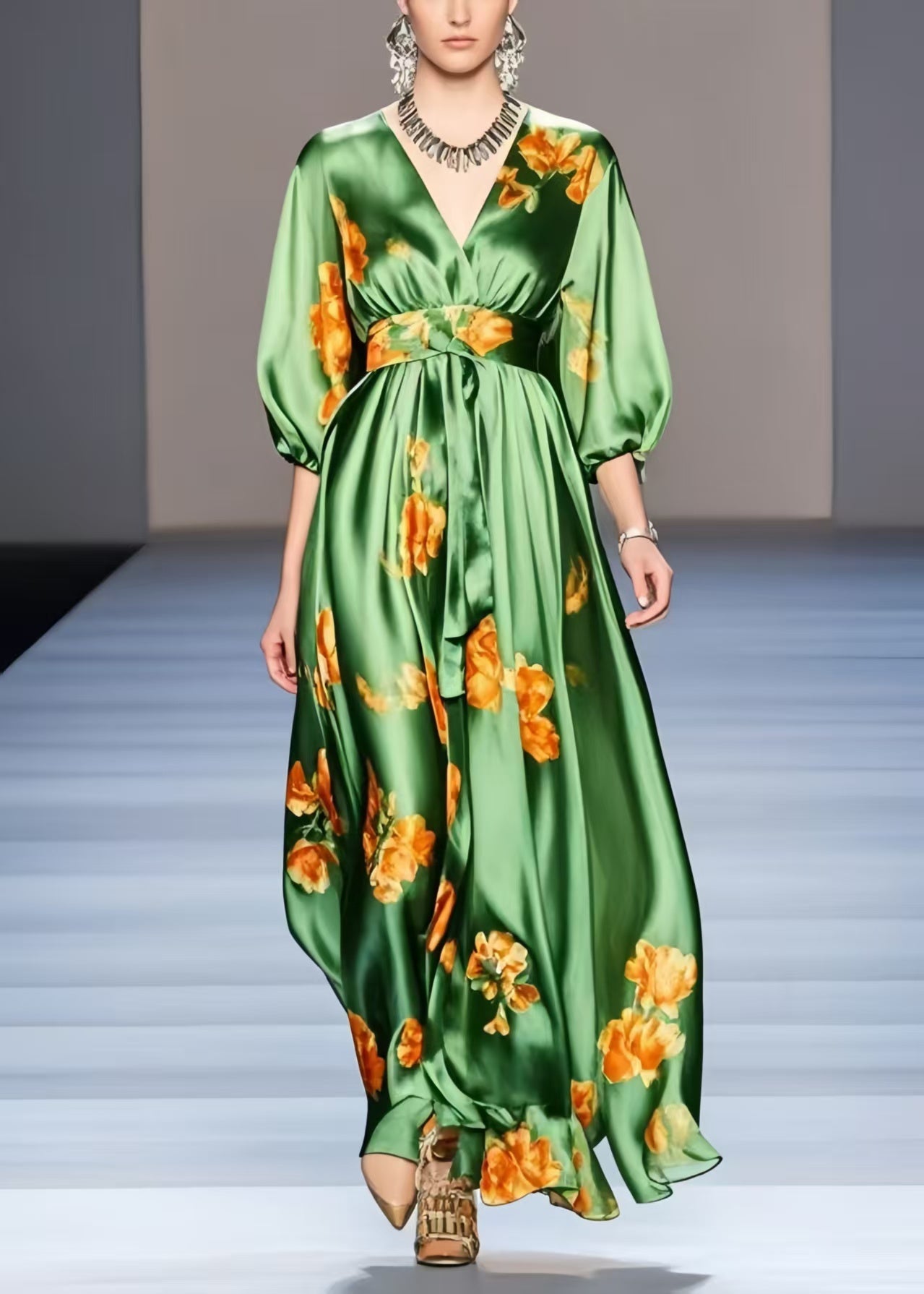 Organic Green Print Exra Large Hem Silk Holiday Dress Half Sleeve