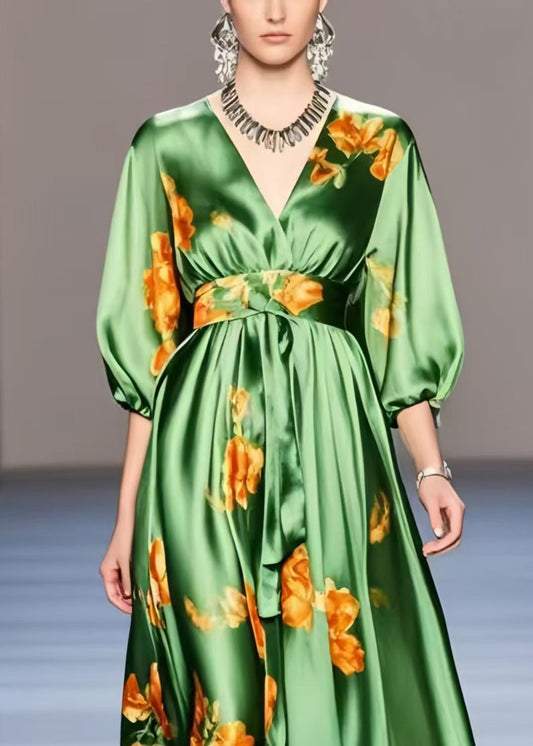 Organic Green Print Exra Large Hem Silk Holiday Dress Half Sleeve