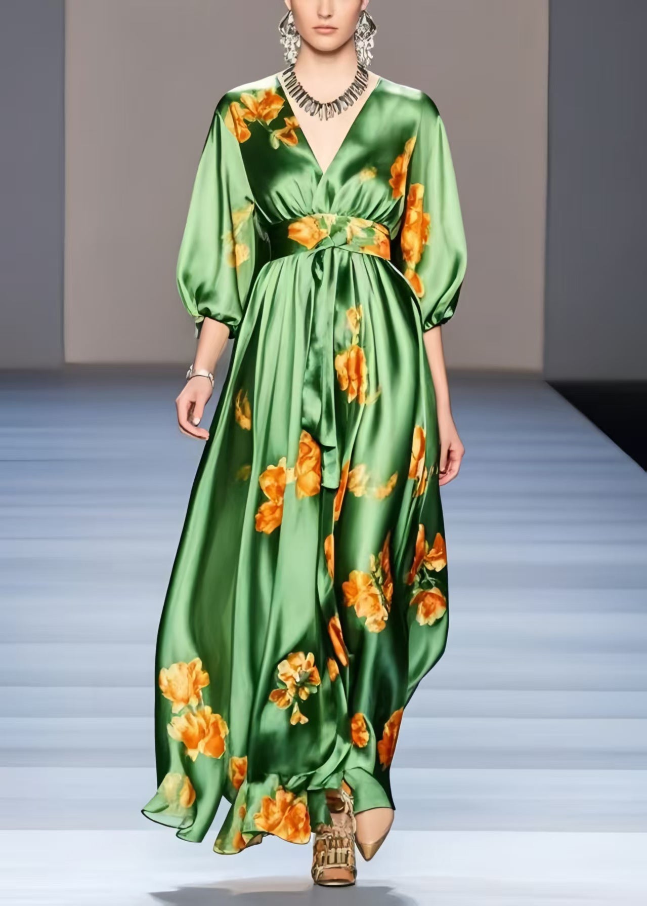 Organic Green Print Exra Large Hem Silk Holiday Dress Half Sleeve