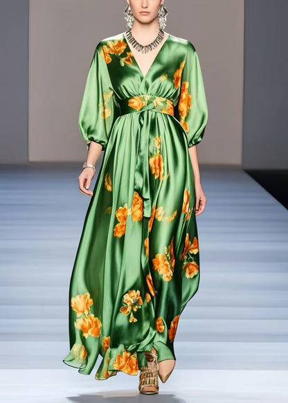 Organic Green Print Exra Large Hem Silk Holiday Dress Half Sleeve