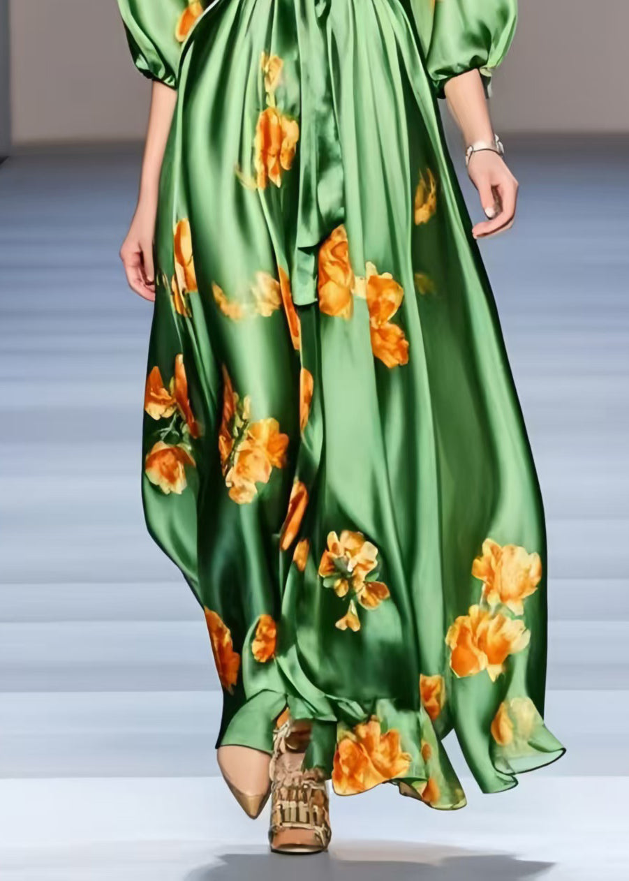 Organic Green Print Exra Large Hem Silk Holiday Dress Half Sleeve