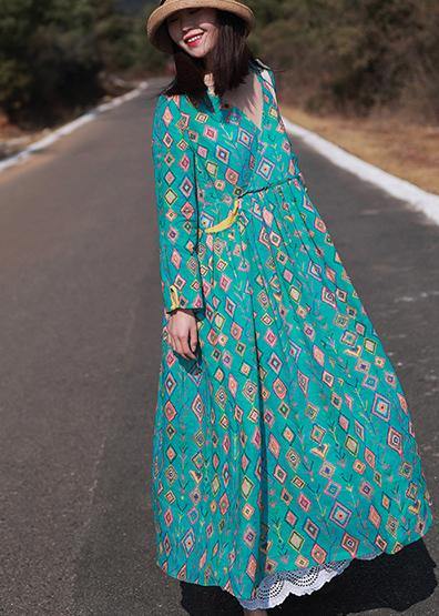 Organic Green Print dress V-Neck Spring Dress - SooLinen