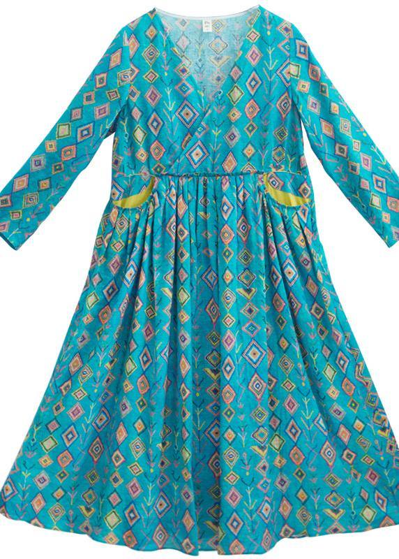 Organic Green Print dress V-Neck Spring Dress - SooLinen