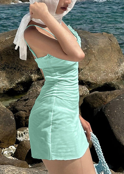 Organic Green Ruffled Tulle Patchwork Solid Tulle Mini Dress Sleeveless