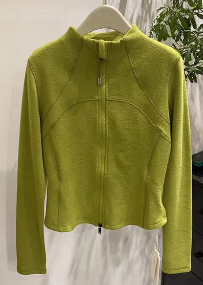 Organic Green Stand Collar Zippered Velour Coats Winter