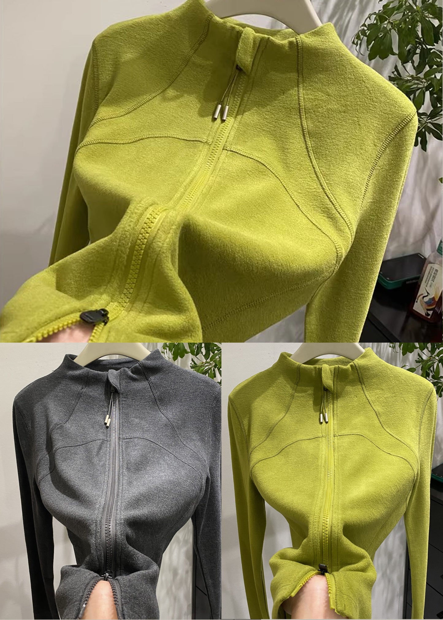 Organic Green Stand Collar Zippered Velour Coats Winter