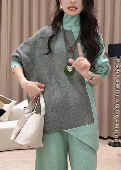 Organic Green Turtleneck Asymmetrical Patchwork Cotton Knit Knitted Sweaters Spring