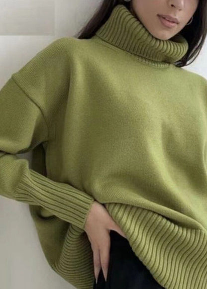 Organic Green Turtleneck Patchwork Cotton Knitted Sweaters Tops Fall