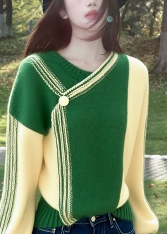 Organic Green V Neck Asymmetrical Patchwork Warm Cotton Knit Sweaters Winter
