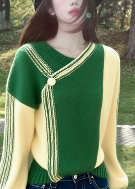 Organic Green V Neck Asymmetrical Patchwork Warm Cotton Knit Sweaters Winter