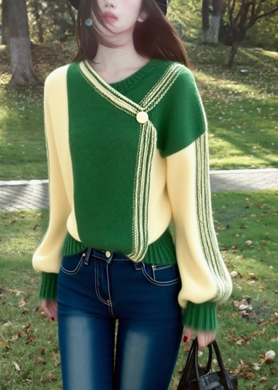 Organic Green V Neck Asymmetrical Patchwork Warm Cotton Knit Sweaters Winter