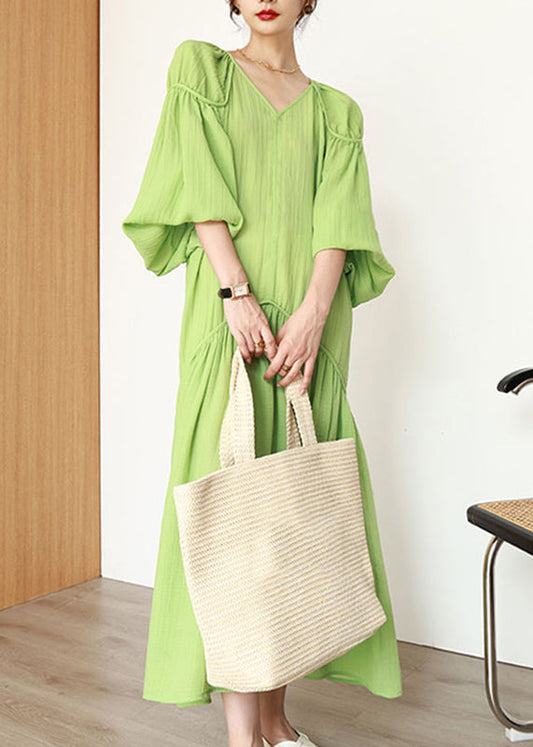 Organic Green V Neck Wrinkled Patchwork Long Dresses Lantern Sleeve
