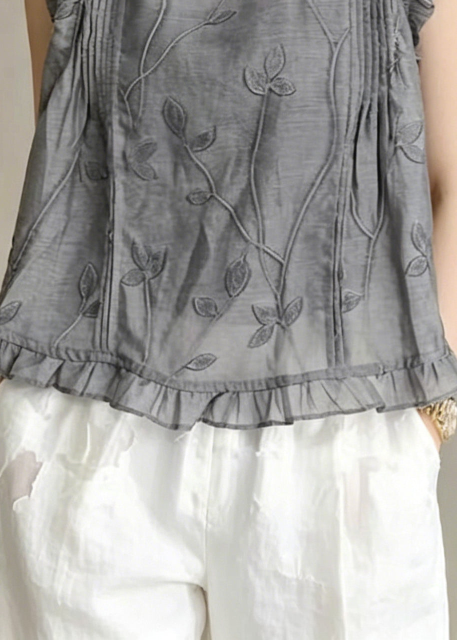 Organic Grey Embroideried Wrinkled Linen Beach Vest Sleeveless