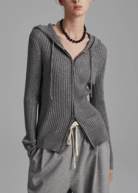 Organic Grey Hooded Zippered Knit Cardigans Spring