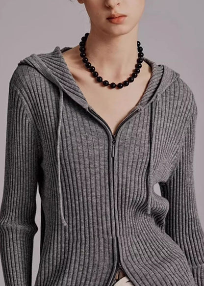 Organic Grey Hooded Zippered Knit Cardigans Spring