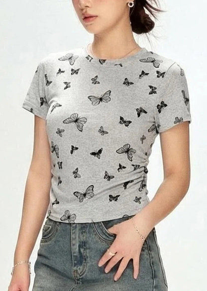 Organic Grey O-Neck Butterfly Print Cinched T Shirt Short Sleeve