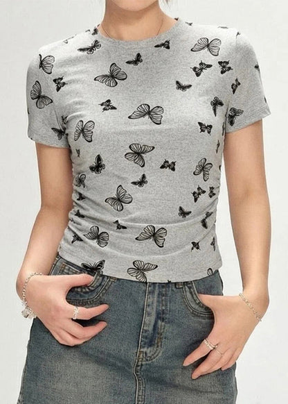 Organic Grey O-Neck Butterfly Print Cinched T Shirt Short Sleeve