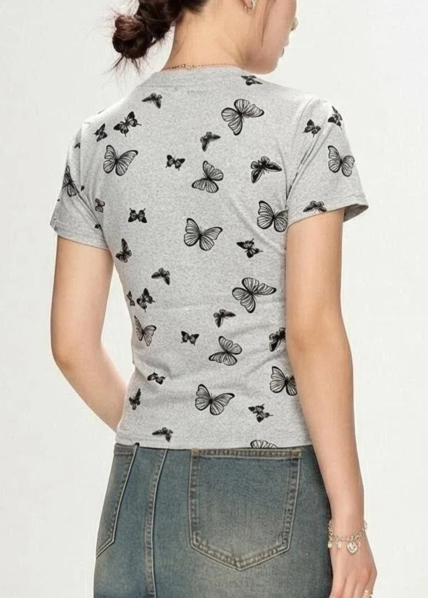 Organic Grey O-Neck Butterfly Print Cinched T Shirt Short Sleeve
