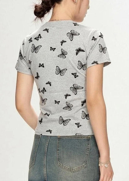Organic Grey O-Neck Butterfly Print Cinched T Shirt Short Sleeve