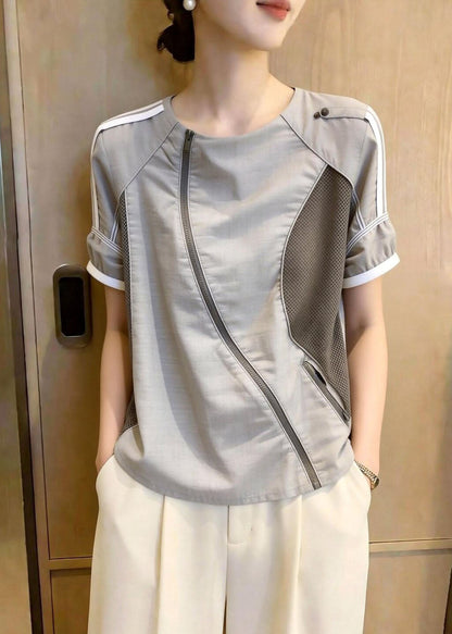Organic Grey O-Neck Patchwork Cotton Blouse Tops Summer