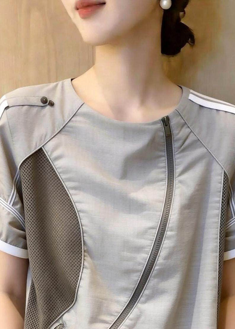 Organic Grey O-Neck Patchwork Cotton Blouse Tops Summer