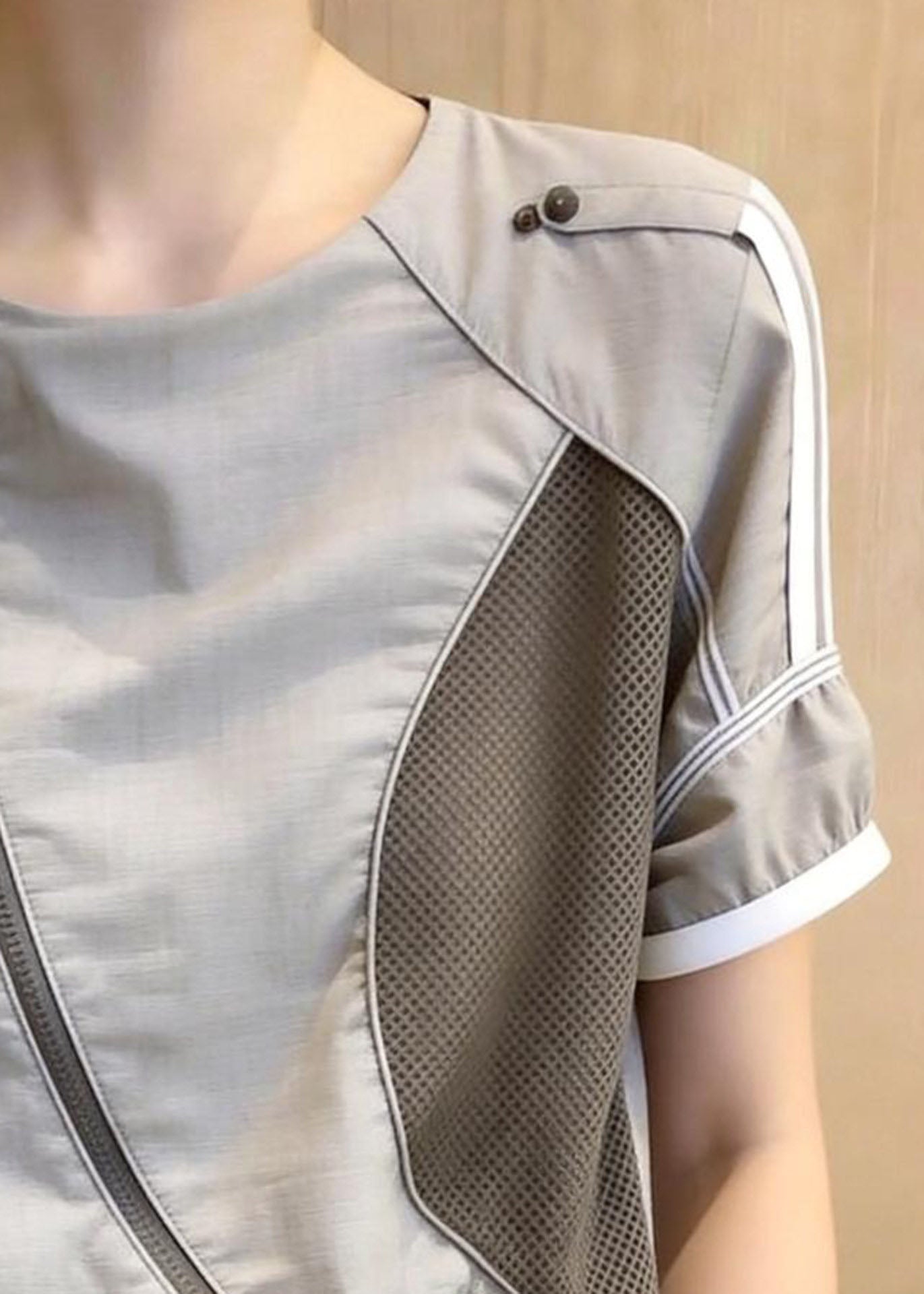 Organic Grey O-Neck Patchwork Cotton Blouse Tops Summer