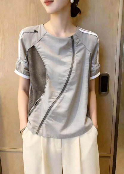 Organic Grey O-Neck Patchwork Cotton Blouse Tops Summer