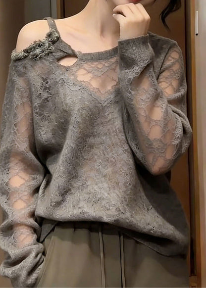 Organic Grey One Shoulder Hollow Out Lace Top Summer